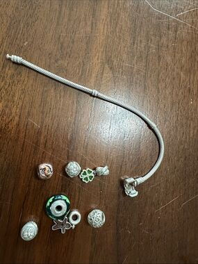 Pandora silver snake charm bracelet and 7 charms